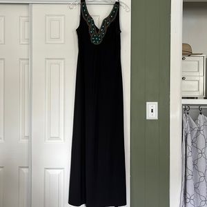 RN Studio Long Black Dress w/ Embellished Neckline